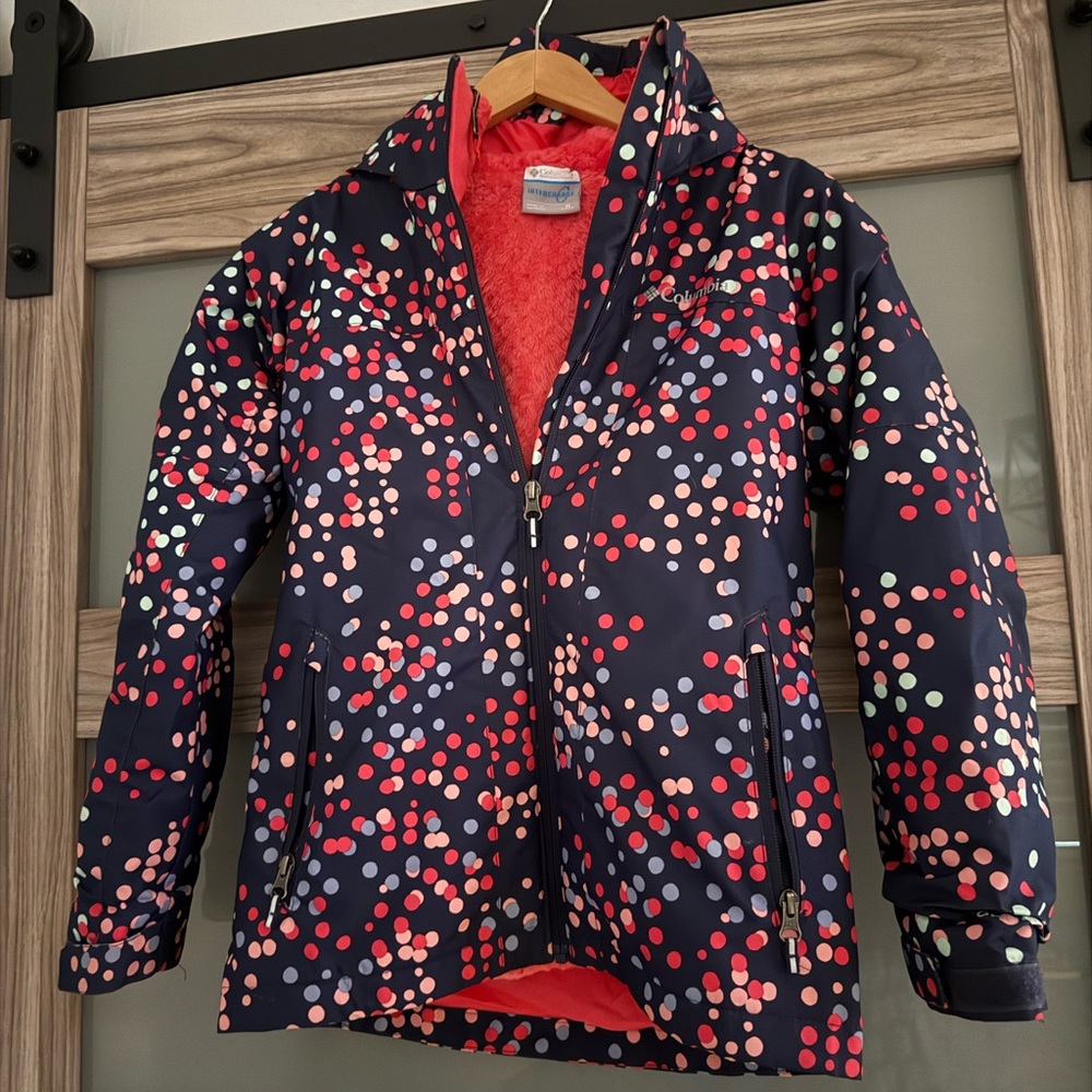 Columbia Navy and Pink Dot Rain Jacket with Removable fleece jacket.